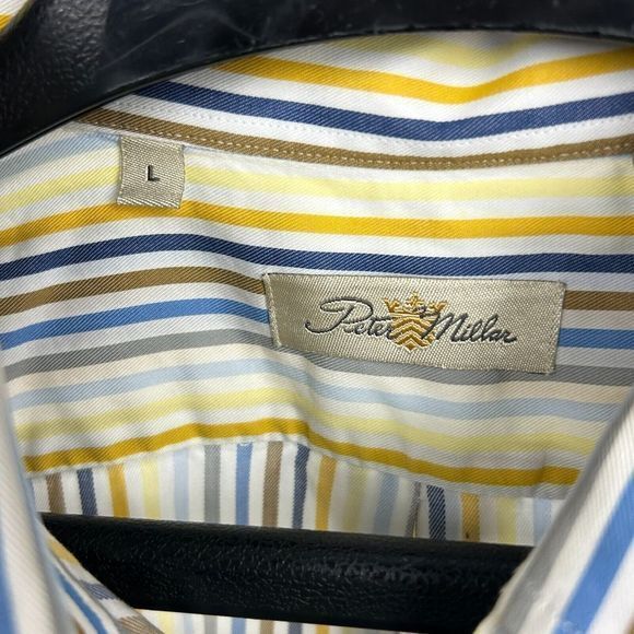 Peter Millar Men's Large Cotton Striped Short Sleeve Shirt Blue Yellow Red White - Picture 2 of 4